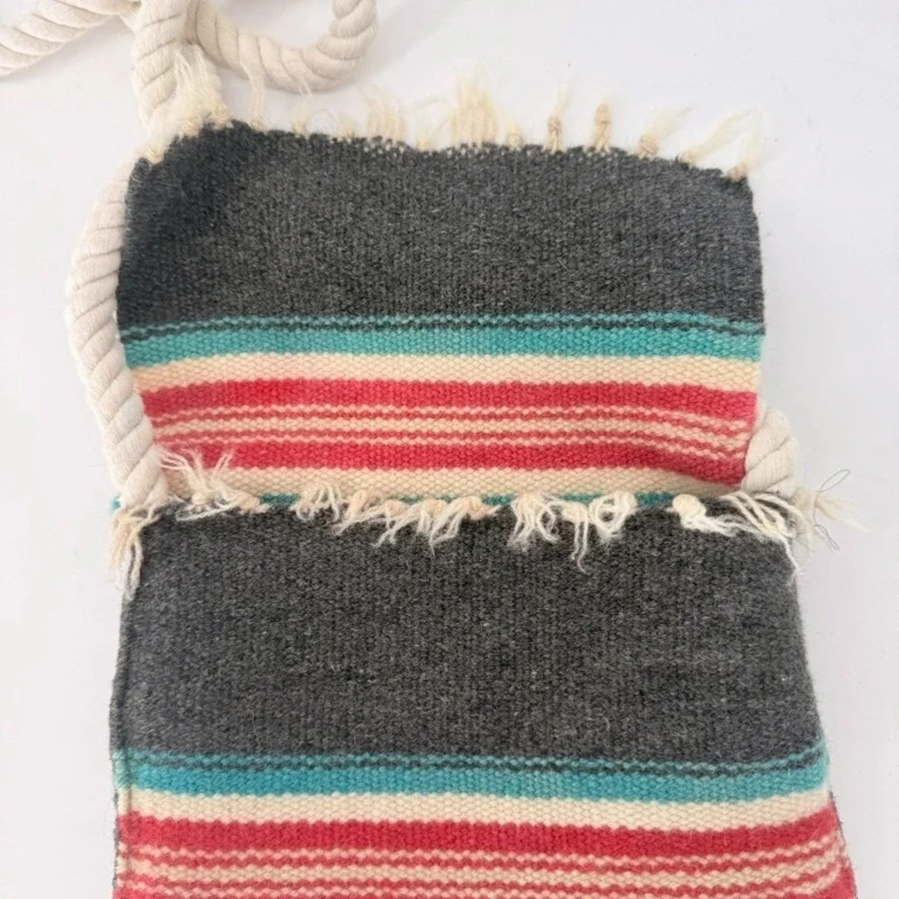 Handmade Wool Handwoven Crossbody Bag Turquoise Red Rope Strap Boho Southwestern